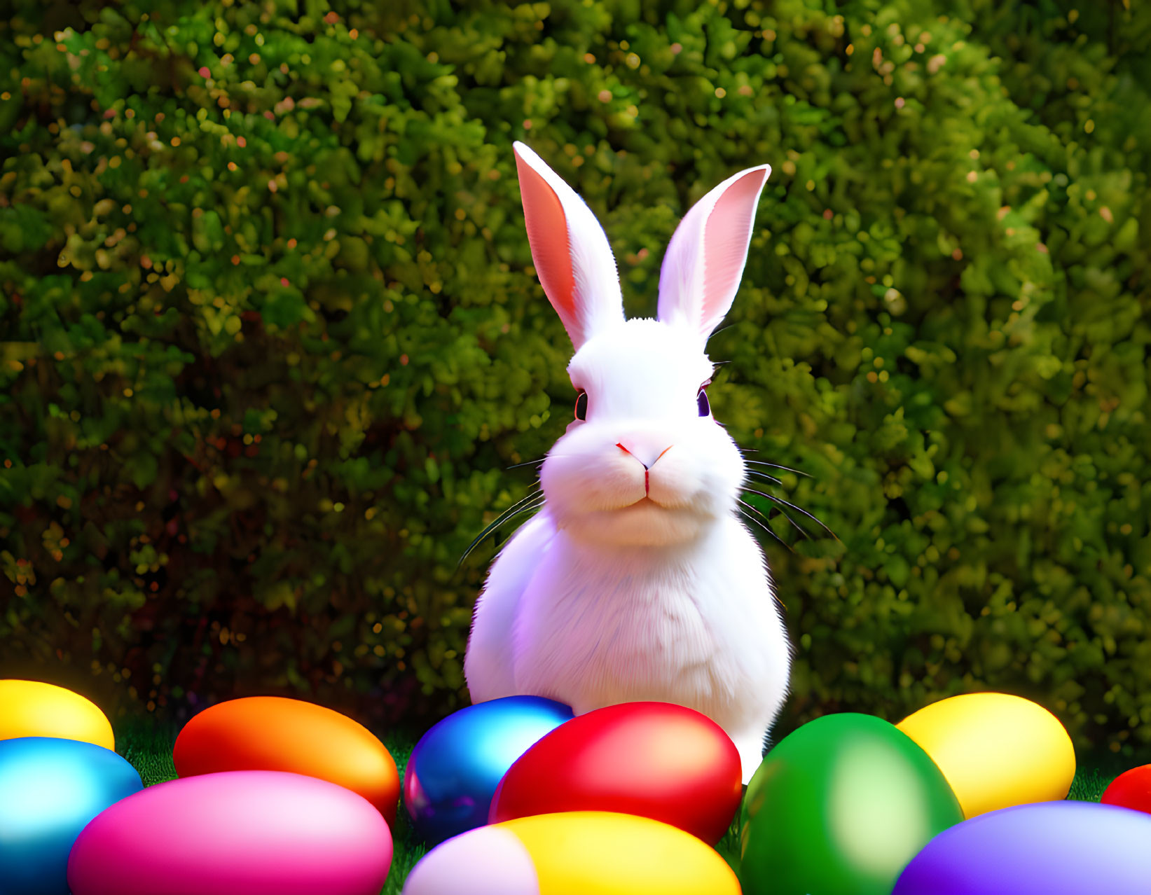 White Rabbit Figure Among Colorful Eggs in Verdant Easter Scene