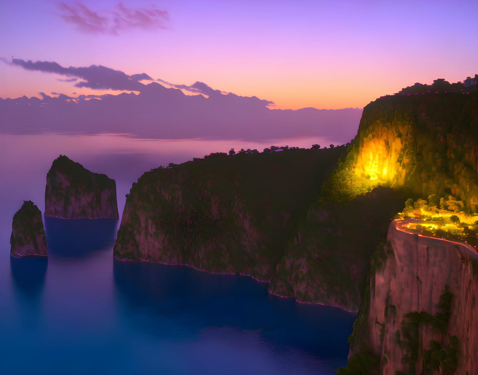 Coastal Road at Twilight with Lit Street Lamps & Ocean View