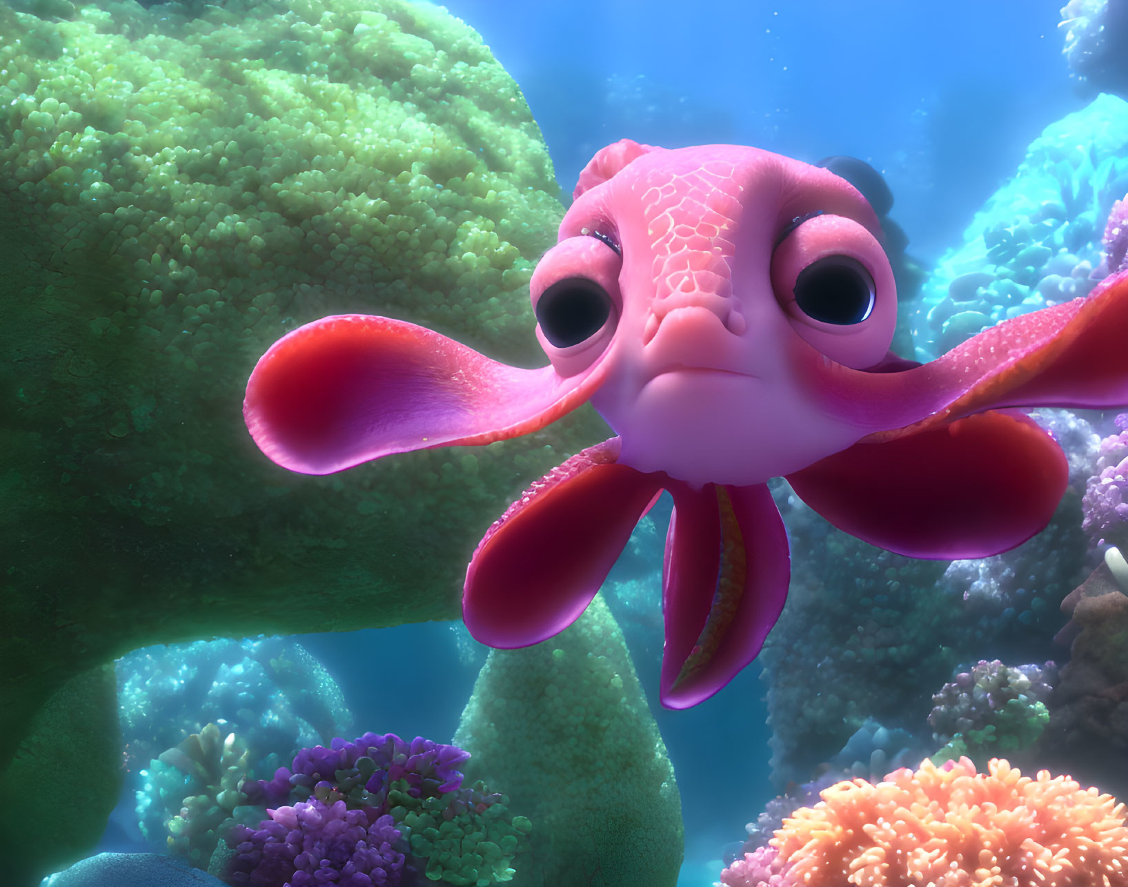 Animated Pink Fish with Big Eyes in Colorful Coral Reefs