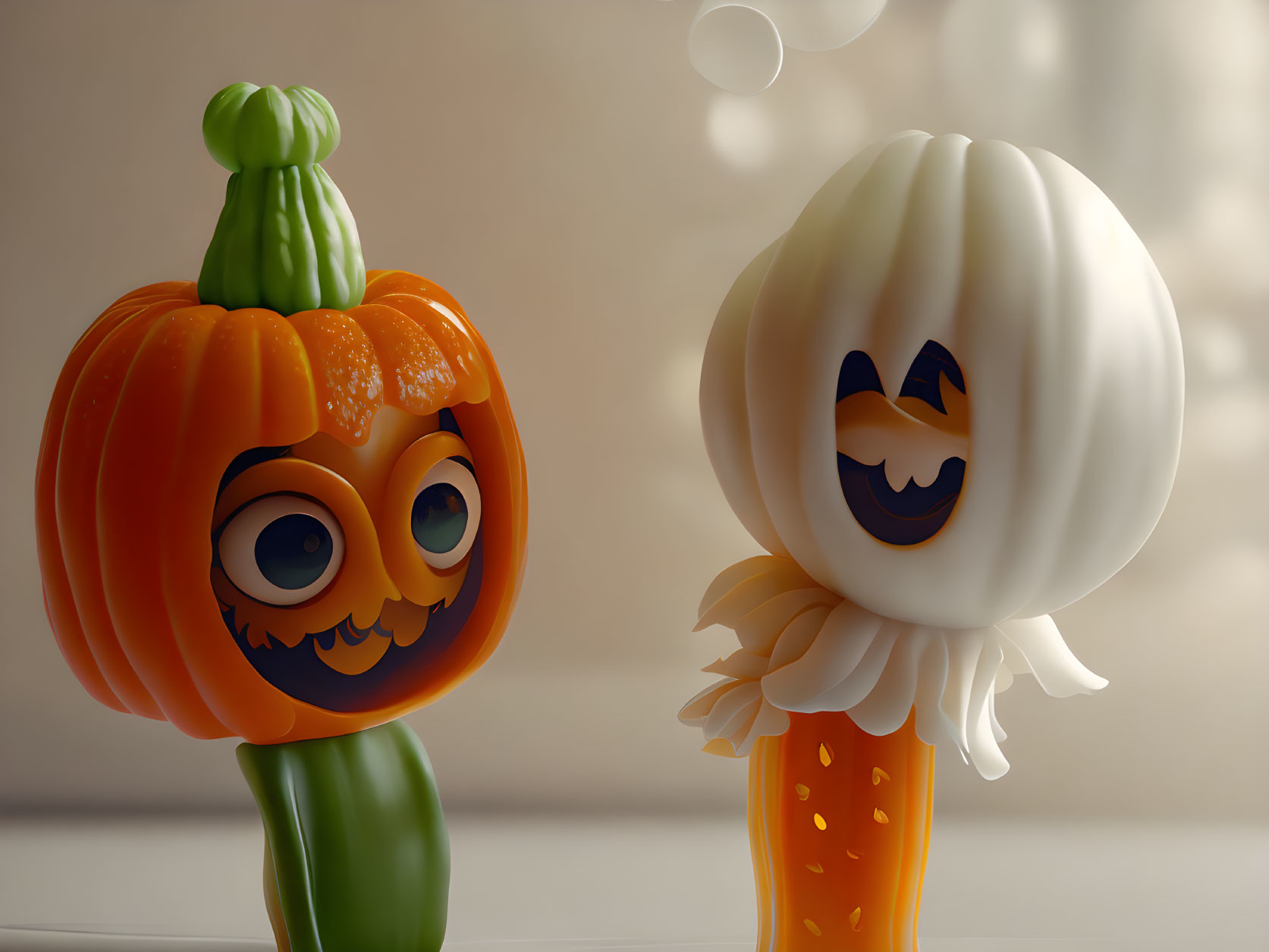 Two anthropomorphic animated squashes, one orange like a pumpkin and the other white resembling garlic, standing