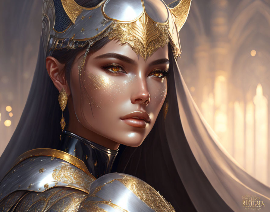 Regal female warrior in gold armor with winged helmet against candle backdrop