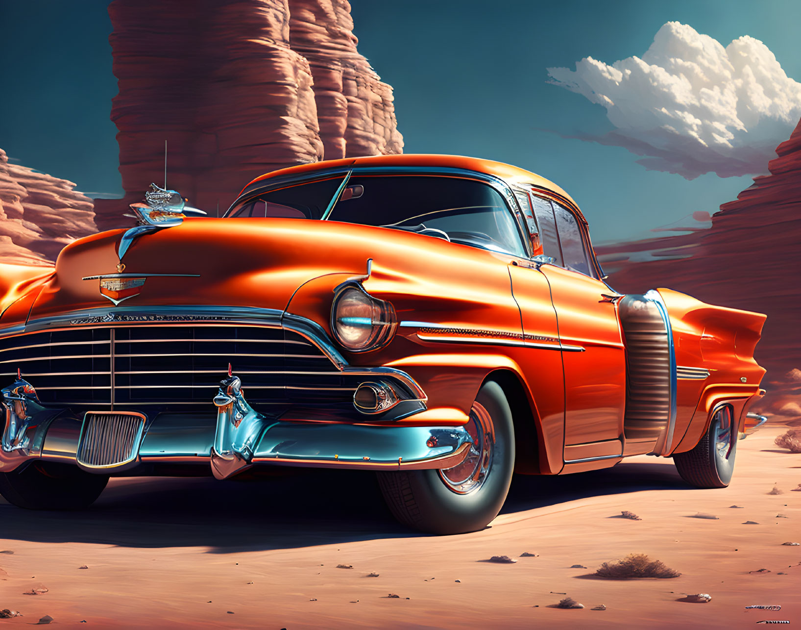 Vintage Orange Cadillac Parked in Desert Landscape