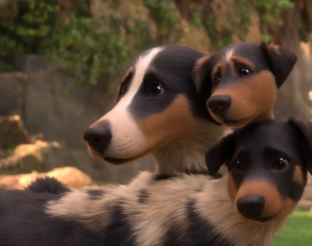 Three animated dogs with glossy fur in curious and attentive expressions