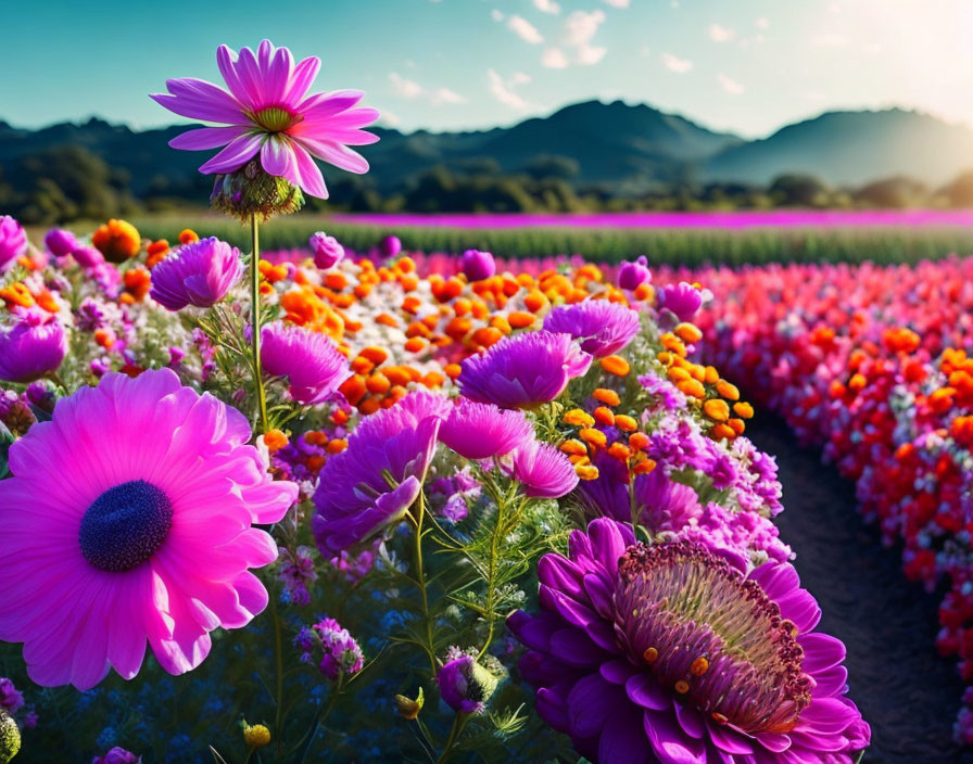 Colorful Flower Field at Sunset with Mountains in Background