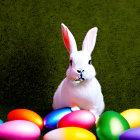 White Rabbit Figure Among Colorful Eggs in Verdant Easter Scene