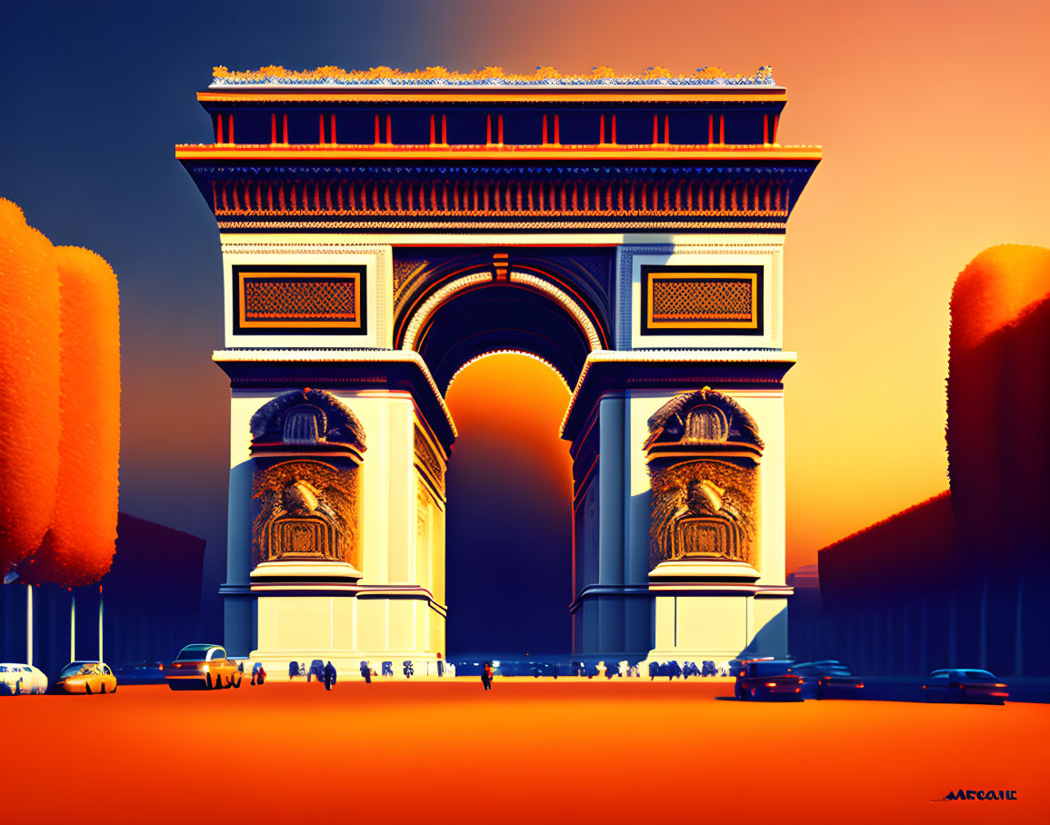 Vibrant orange and blue Arc de Triomphe silhouette with figures and trees against gradient sky