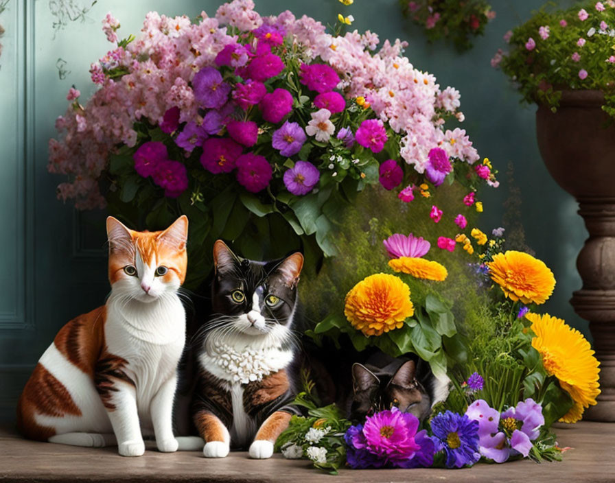 Two cats with colorful flowers on blue background