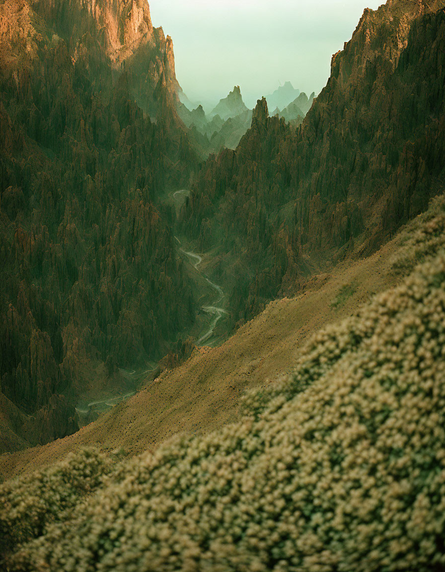 Verdant hills and shadowy mountain peaks in serene landscape