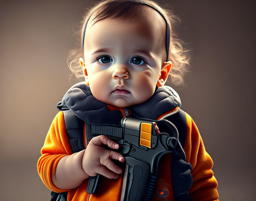 Digital artwork: Serious baby with blue eyes in orange shirt and gray vest holding cartoon gun