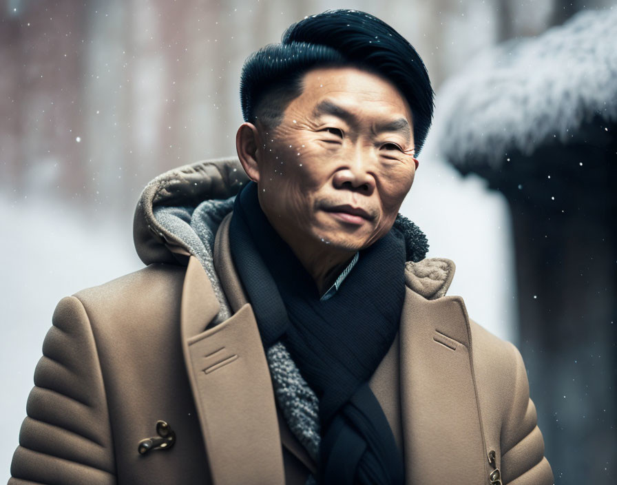 Elegant man in overcoat and scarf in snowy setting