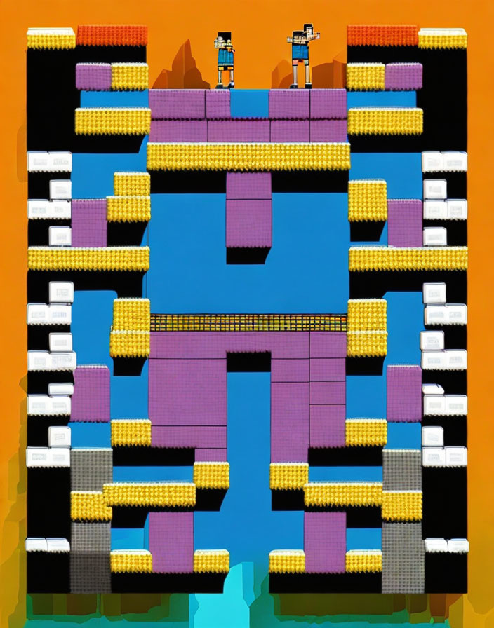 Symmetrical pixel-art game level with platforms, ladders, and characters in vibrant orange.