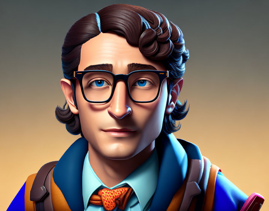 Man with Curly Hair in Blue Suit and Glasses Carrying Backpack