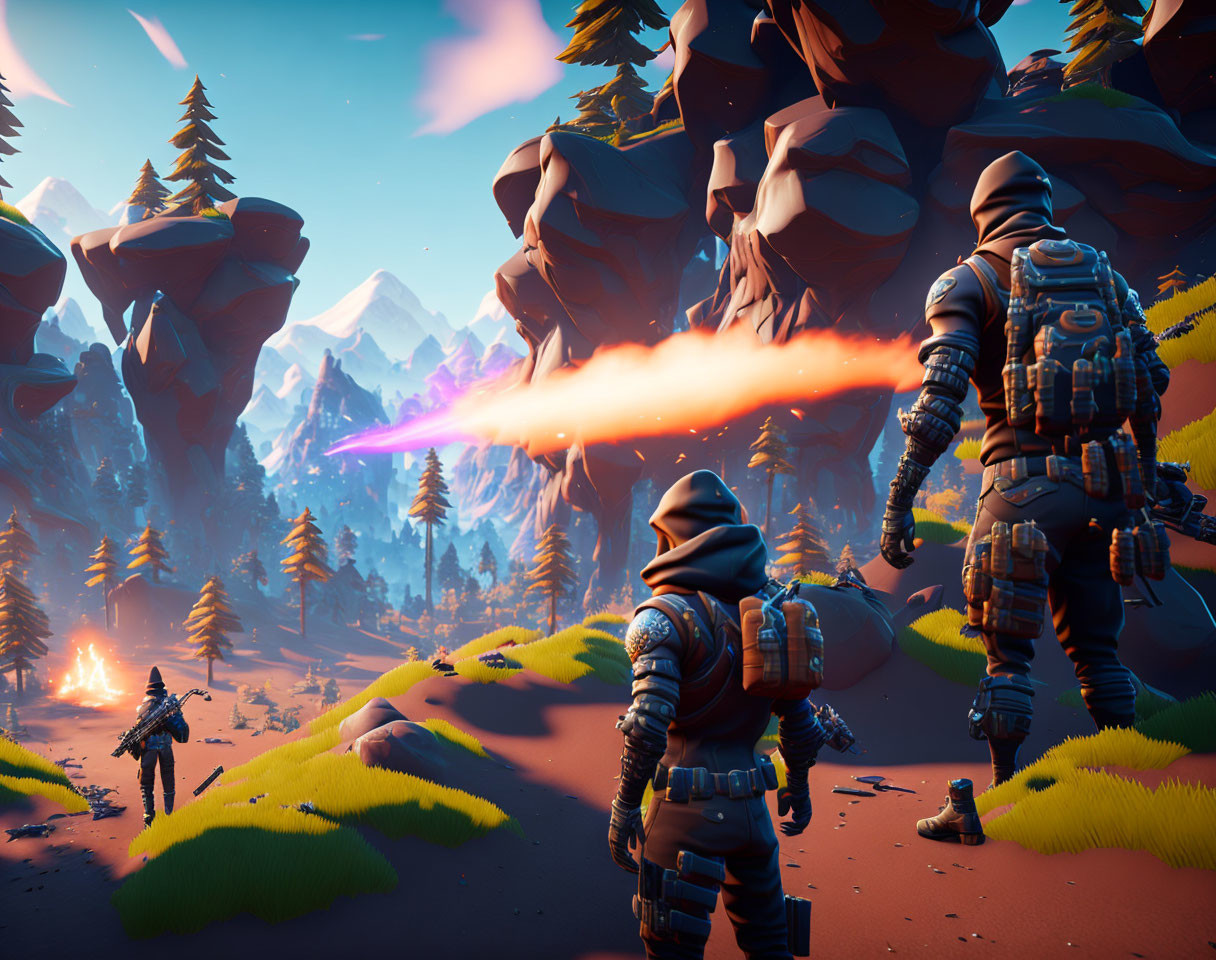 Three armored figures in vibrant alien landscape with laser beam, rocks, pine trees, blue sky