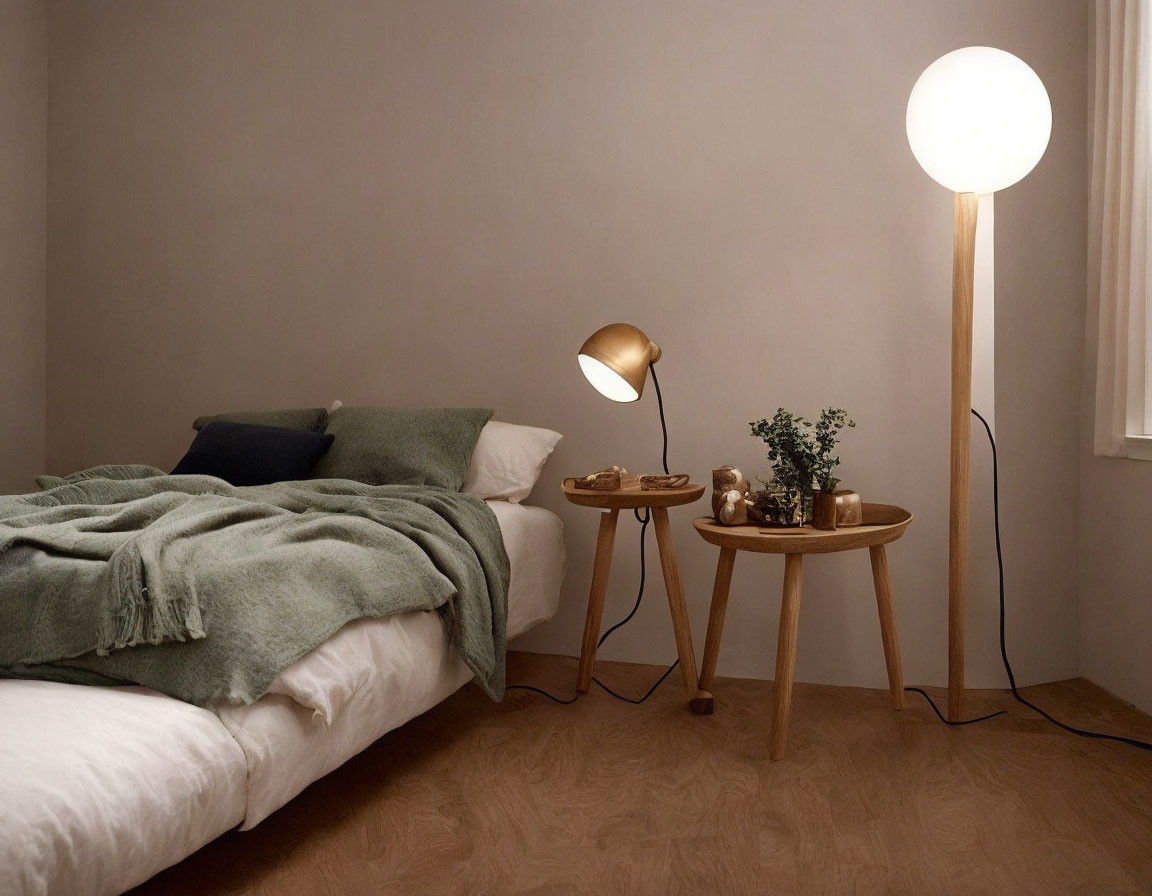 Minimalist Bedroom Decor with White Bed, Green Throw Blanket, Wooden Side Tables, Gold Desk Lamp