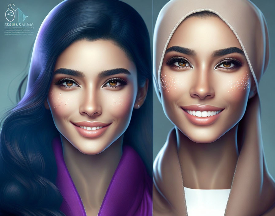 Digital artwork: Two women, one with dark hair and purple clothing, the other in a hijab