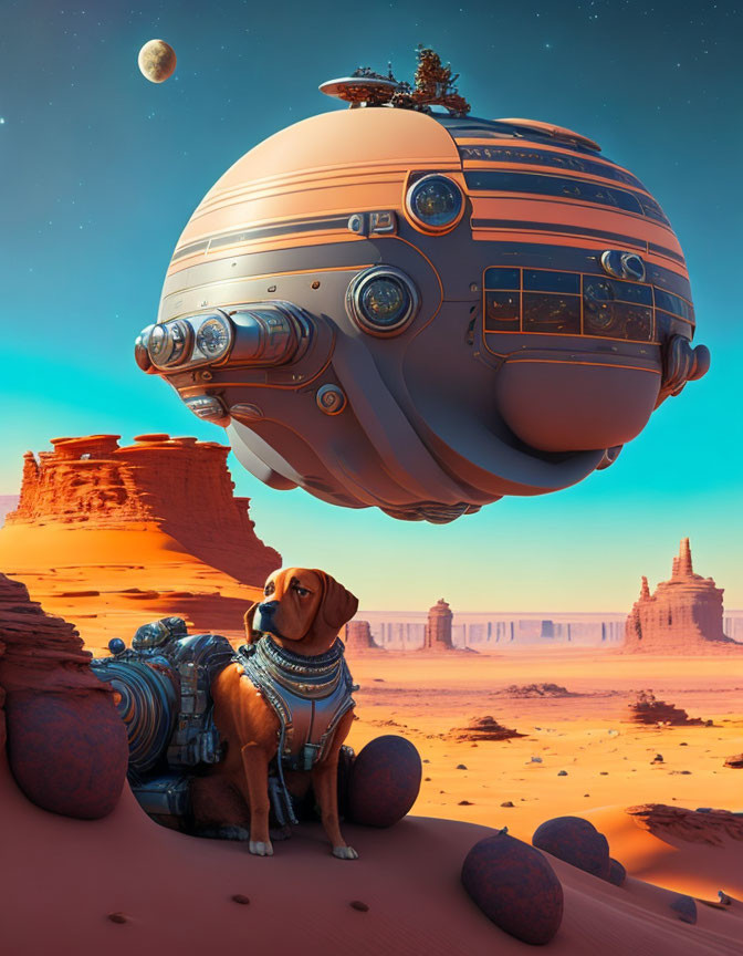 Surreal sci-fi desert landscape with tech-wearing dog, hovering spaceship, and looming planet