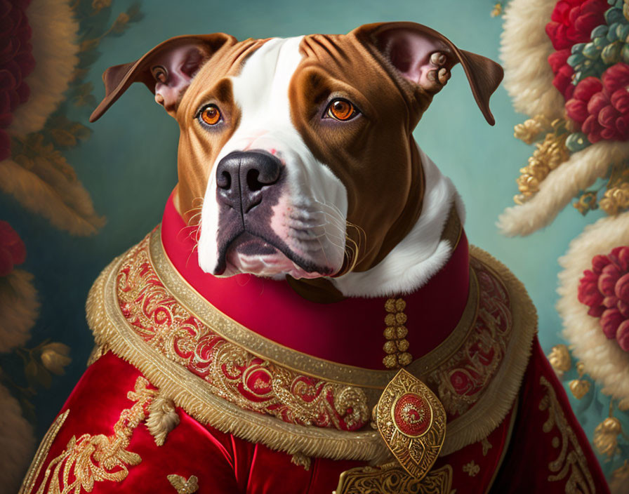 Regal Dog in Red and Gold Ceremonial Attire