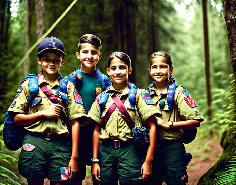 Group of Young Scouts in Uniform with Badges and American Flags Smiling