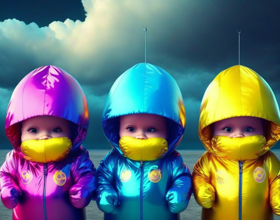 Three Babies in Colorful Raincoats with Umbrellas and Masks Against Stormy Sky