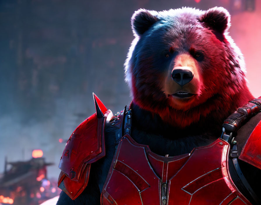 Bear with humanoid features in red futuristic armor against dimly lit background