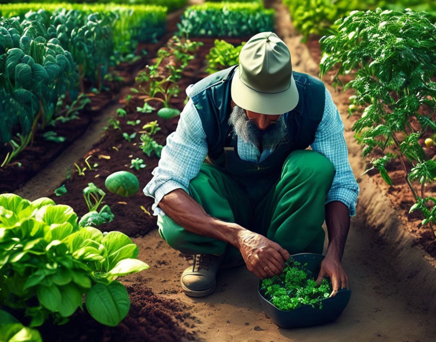 Farmer harvesting green vegetables in lush garden