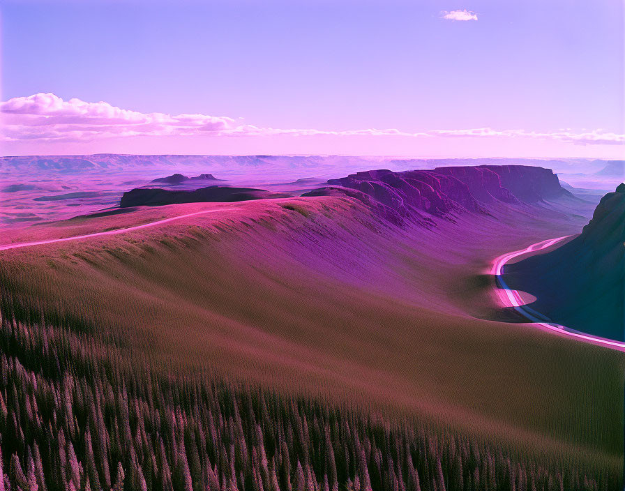 Scenic landscape with purple hills, river, and rock formations