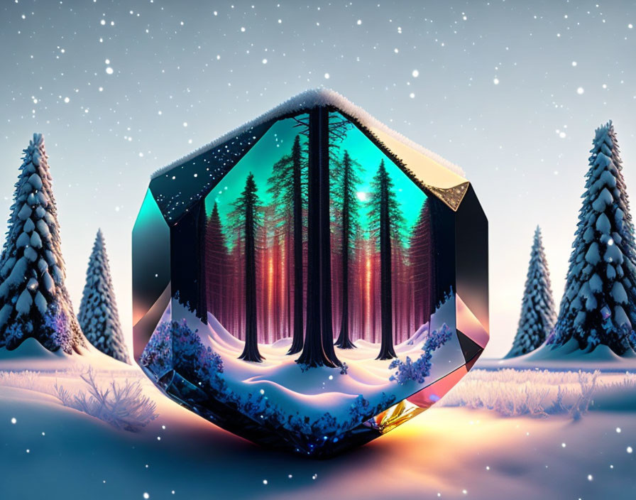 Surreal snow-covered forest landscape with vibrant crystal scene