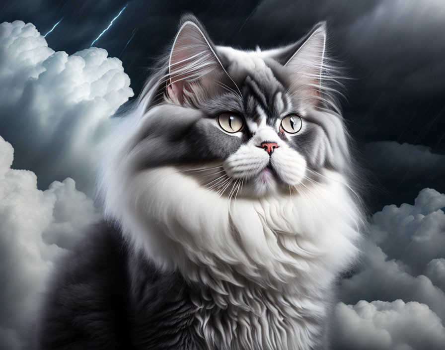 Fluffy Gray and White Cat with Yellow Eyes in Stormy Sky