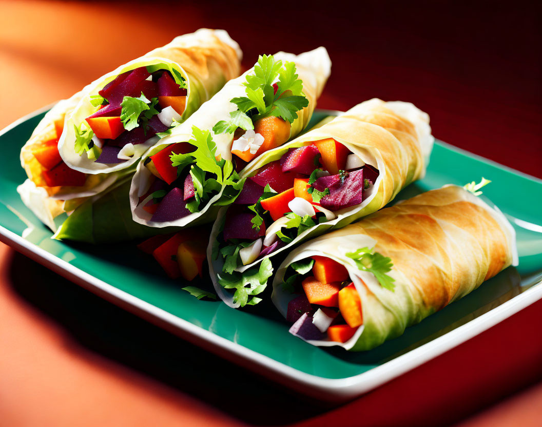 Colorful Vegetable Wraps on Green Plate with Red Background