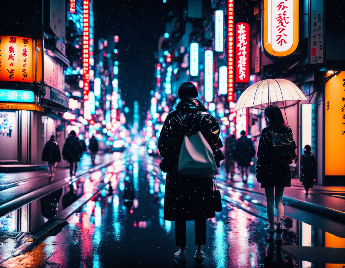 Two individuals with umbrella and backpack on wet street with neon signs at night.