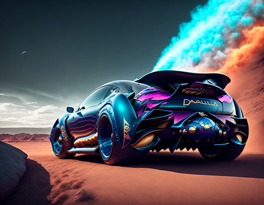 Futuristic car with blue and purple flames design on desert road