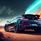 Futuristic car with blue and purple flames design on desert road