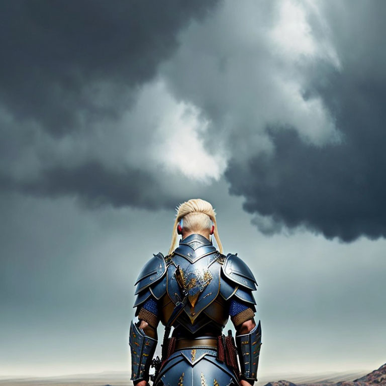 Person in ornate blue armor gazes at stormy sky in anticipation.