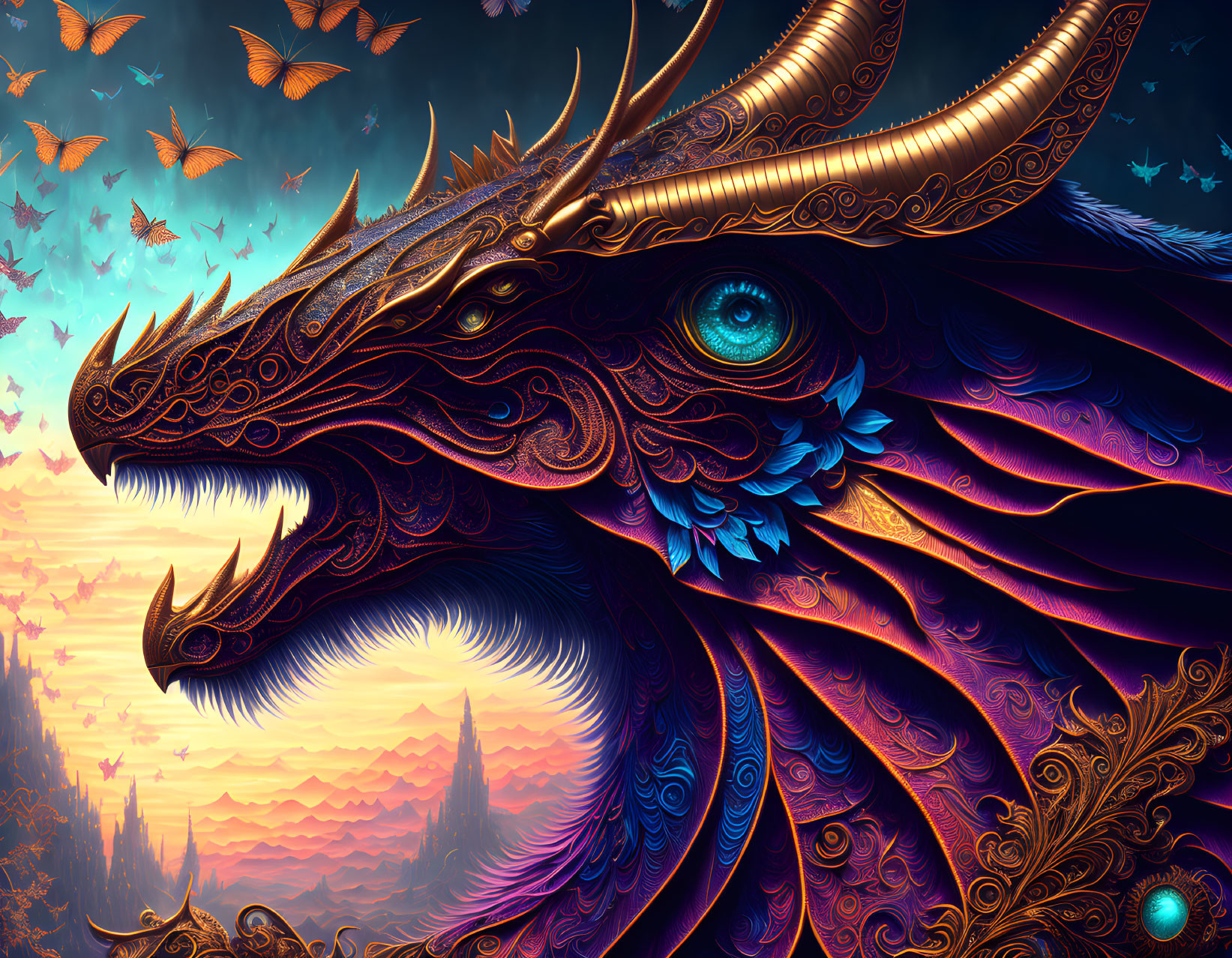 Detailed mythical dragon with ornate scales and horns, blue eyes, butterflies, colorful backdrop