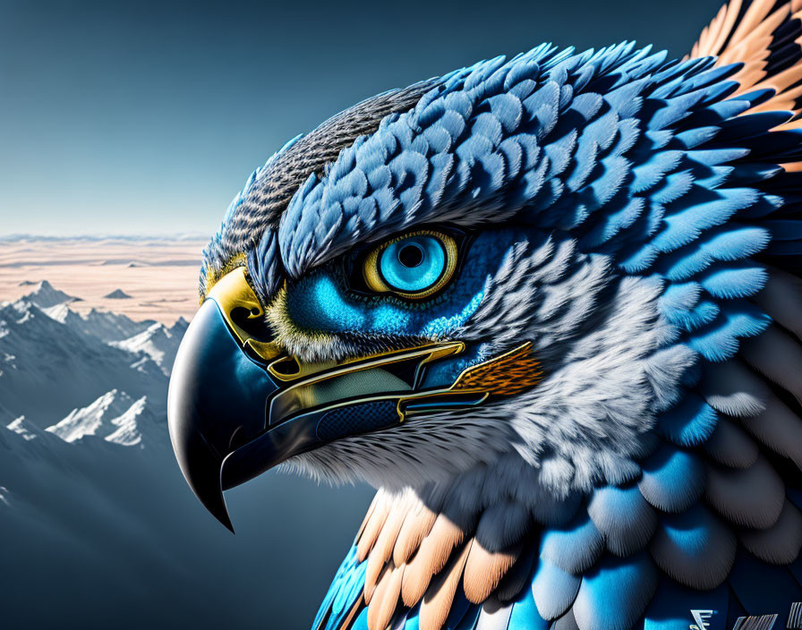 Detailed digital artwork: Eagle with blue feathers and yellow eyes in mountainous setting