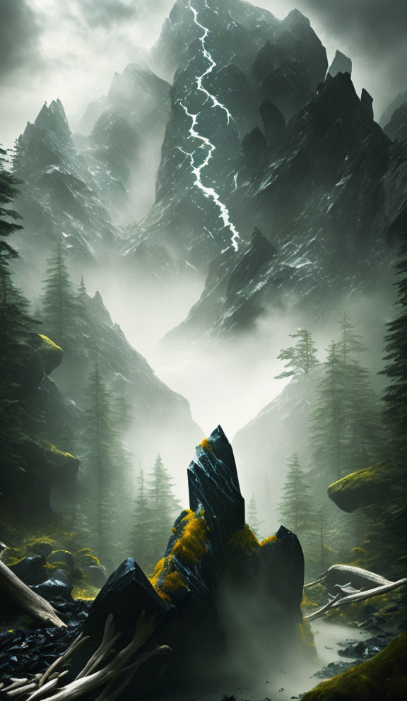 Misty Mountainous Landscape with Lightning and Dense Forests