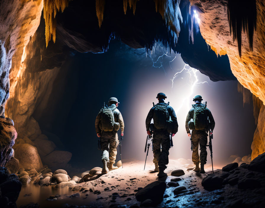 Explorers with helmets and backpacks at cave entrance during thunderstorm