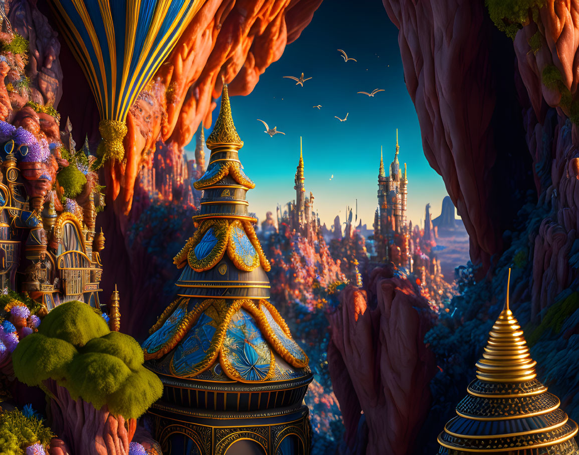 Vibrant fantasy landscape with golden towers and alien flora