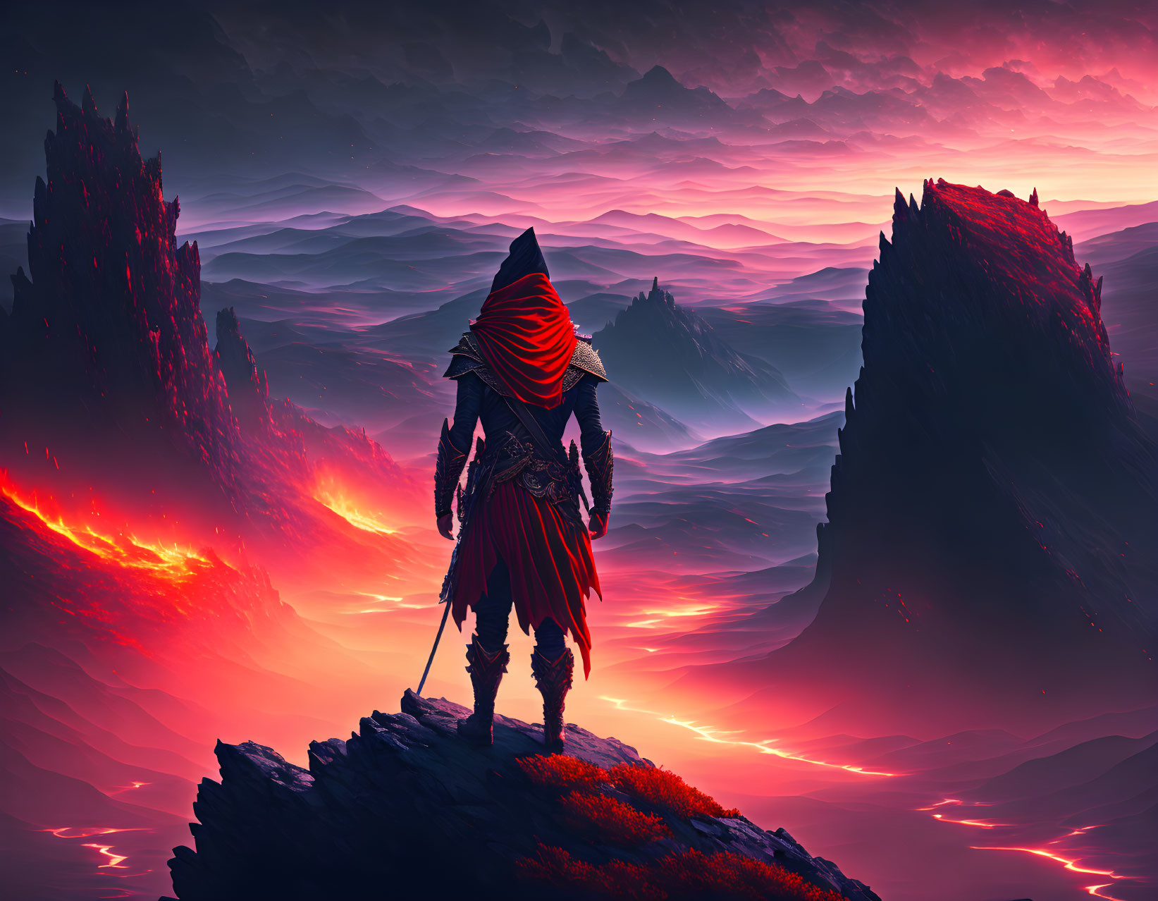 Cloaked figure on cliff gazes at surreal lava landscape