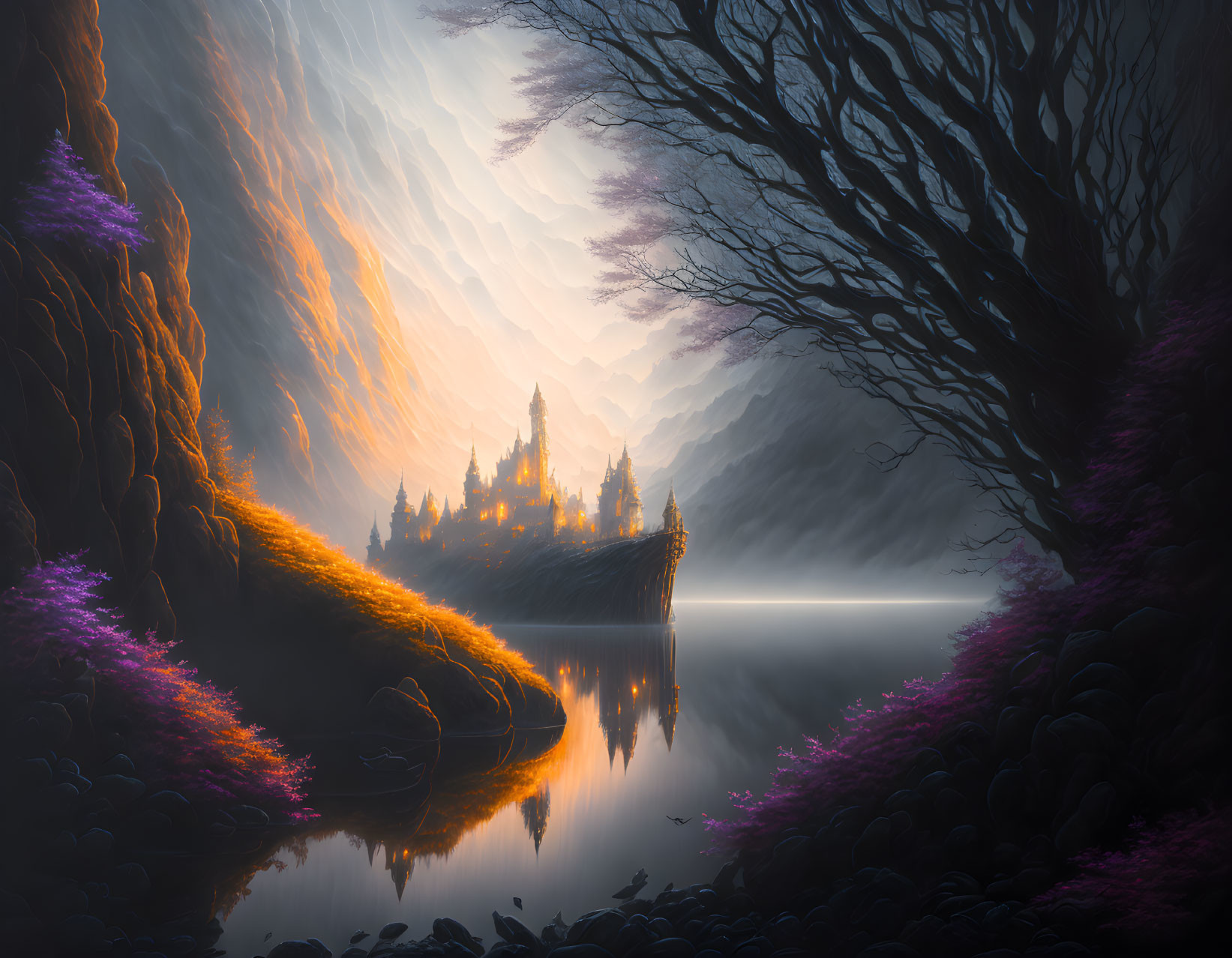 Radiant castle on cliff in mystical landscape with dark trees and serene river