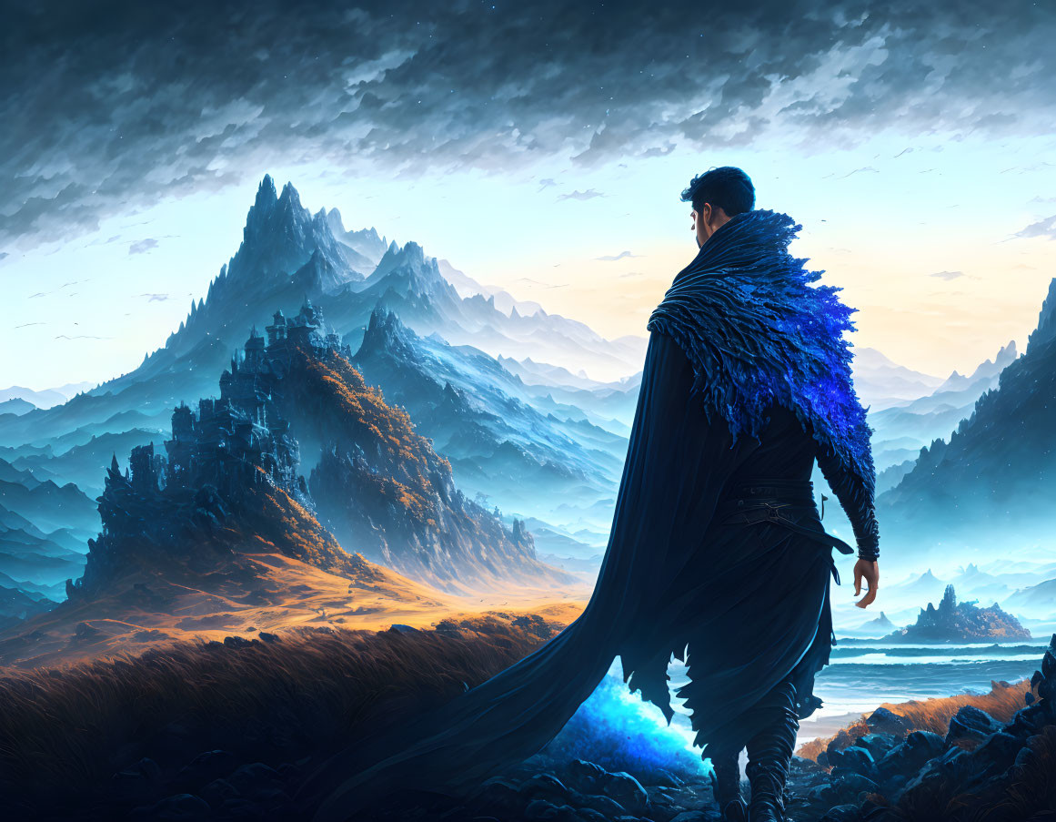 Figure in dark attire with blue feathered mantle gazes at mountain landscape at twilight