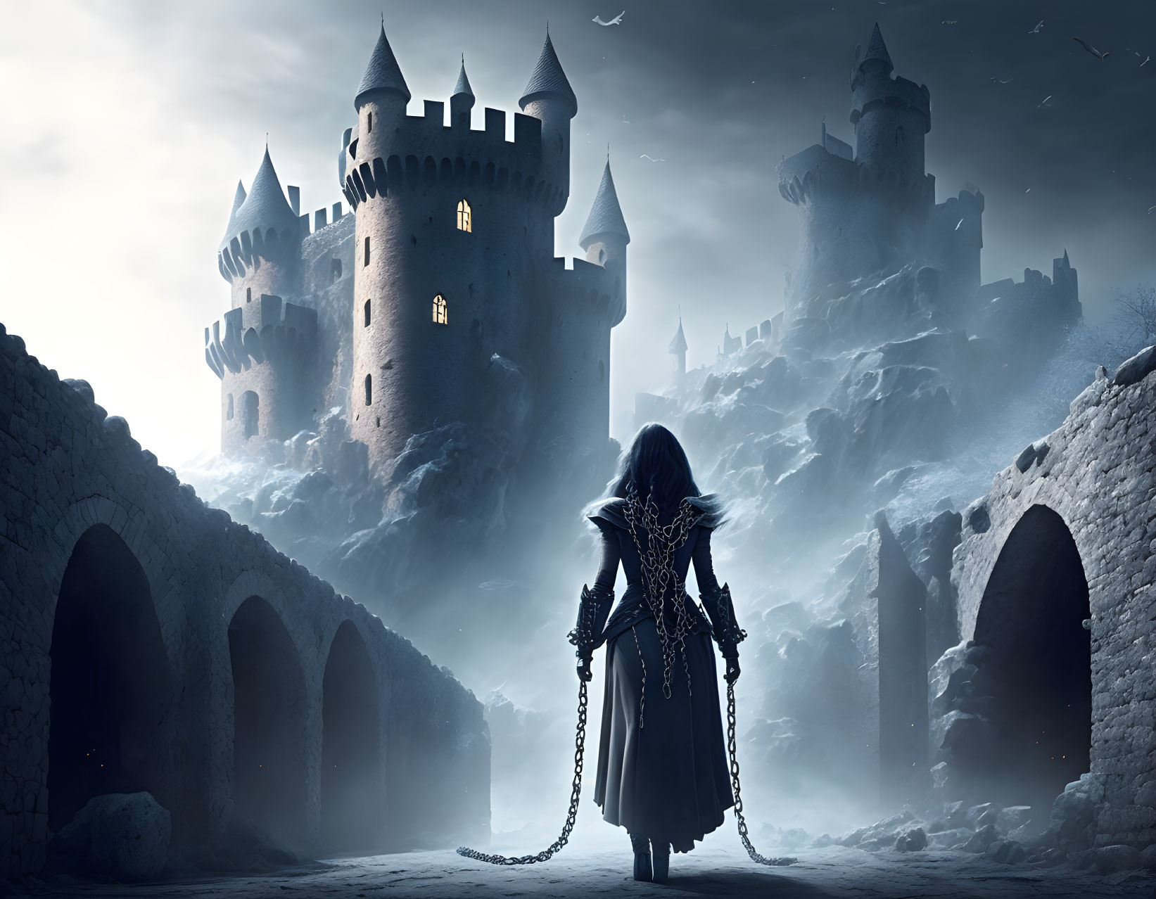 Dark-armored figure in front of towering castle under twilight sky.