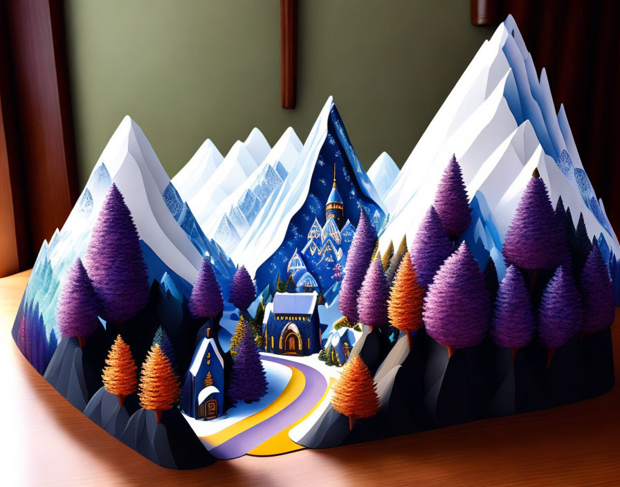 Colorful Paper Art Diorama of Whimsical Mountain Village