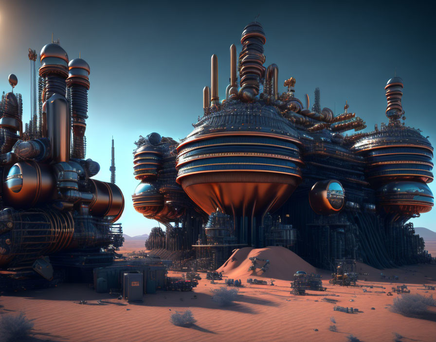 Futuristic desert cityscape with dome-shaped buildings and industrial pipes