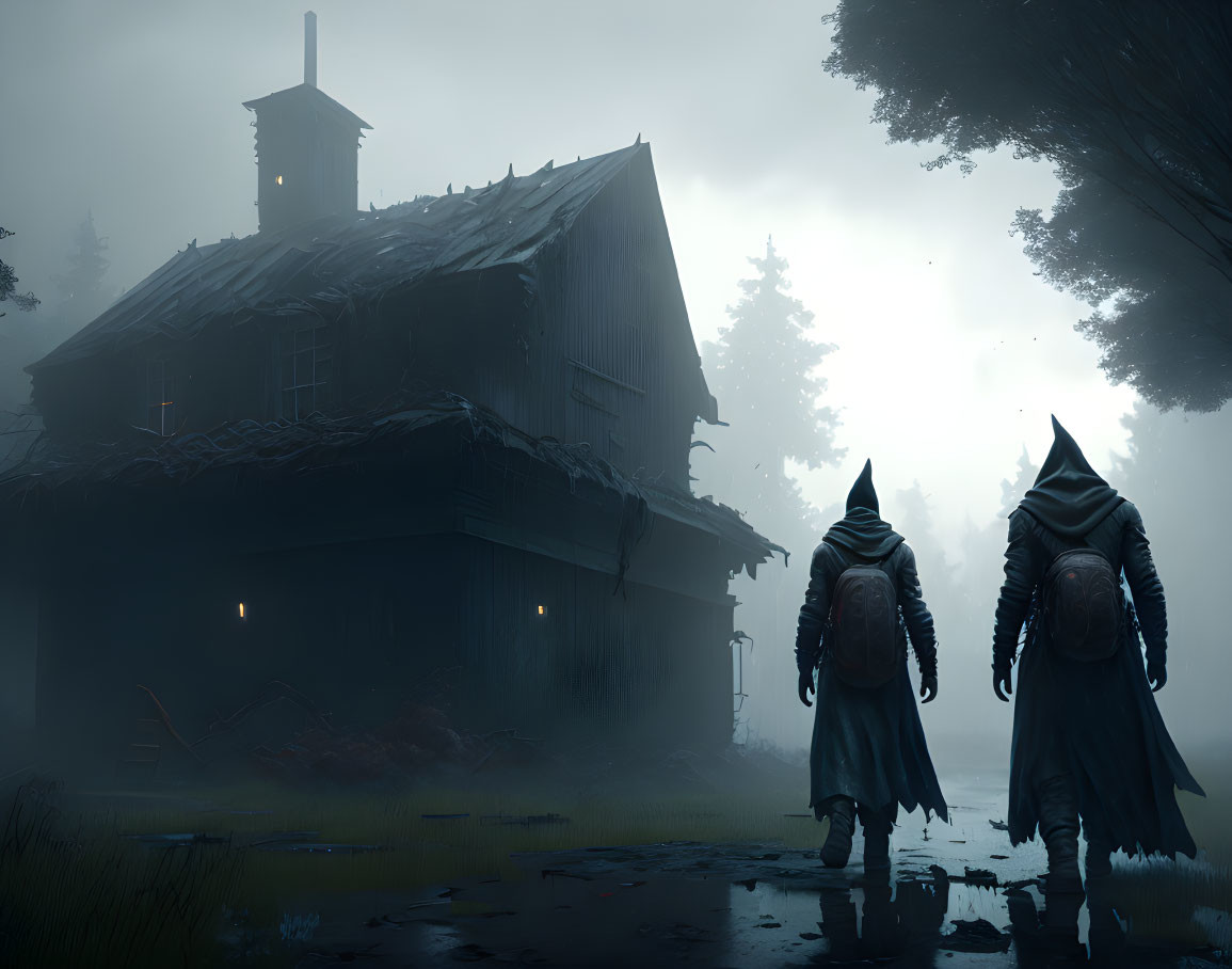 Cloaked Figures Approaching Dilapidated House in Eerie Woodland Clearing