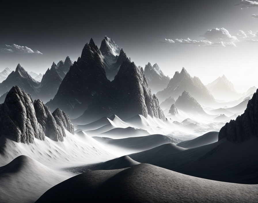 Dramatic black and white photo: rugged mountains and sand dunes contrast