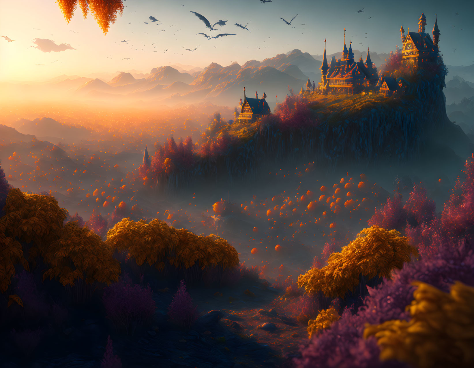 Fantasy landscape with sunset, orange foliage, cliff castle, and birds in golden sky