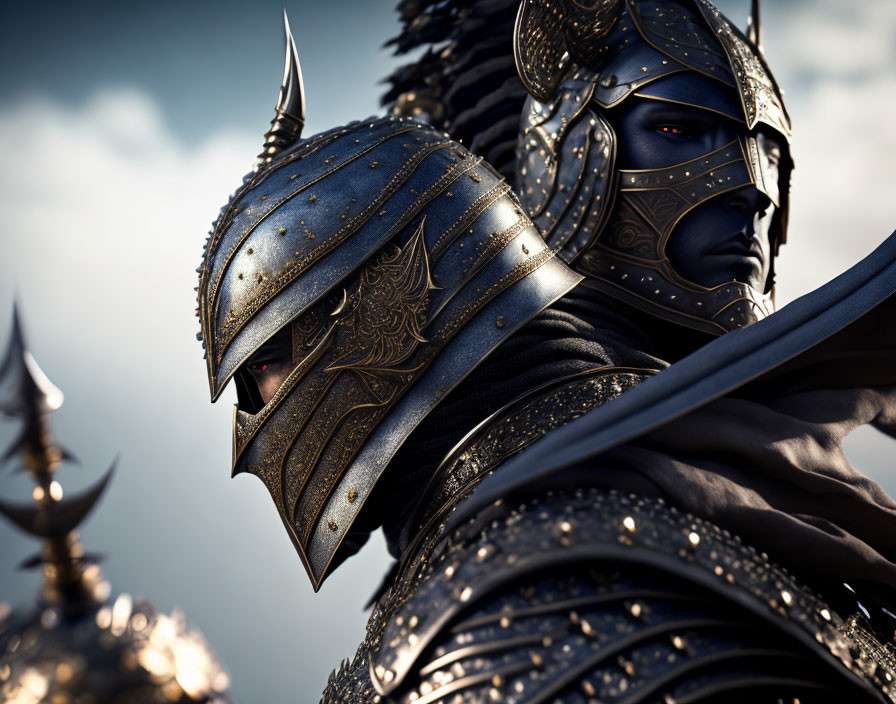 Ornate black armored figures with red-eyed visor against blurred background