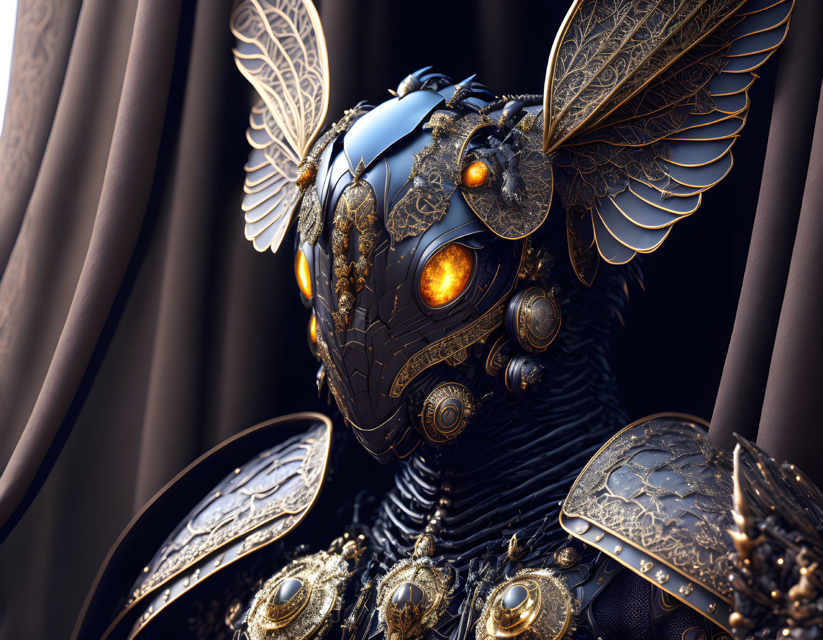 Steampunk-style mechanical owl with glowing orange eyes and metallic feathers on dark backdrop