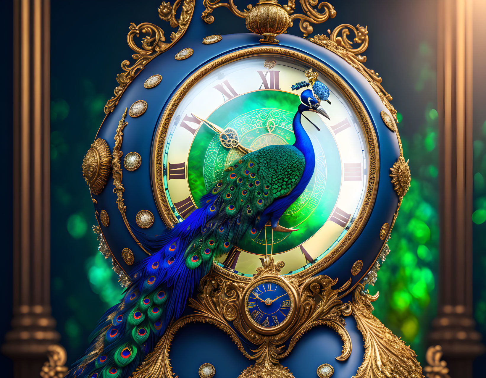 Ornate clock with peacock motifs and Roman numerals